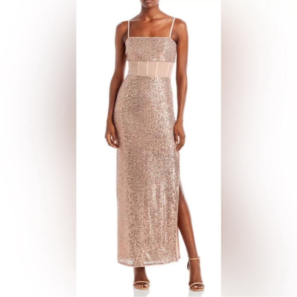 BCBGMAXAZRIA Long Sequin Mesh Rose Gold Evening Gown